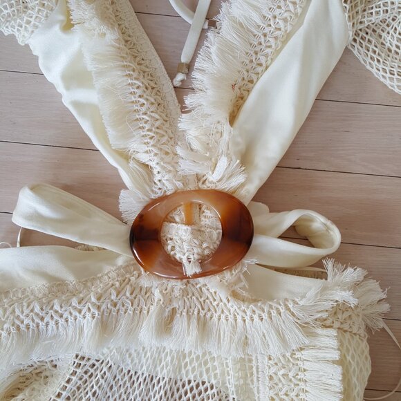 PatBO ! Netted Long Sleeve Fringe Beach Dress in Ivory ( Small ) - Picture 12 of 14